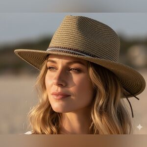 BINDYA Woven Straw Lulla Collection Panama Hat Rhinestone / Stud / Leather Band